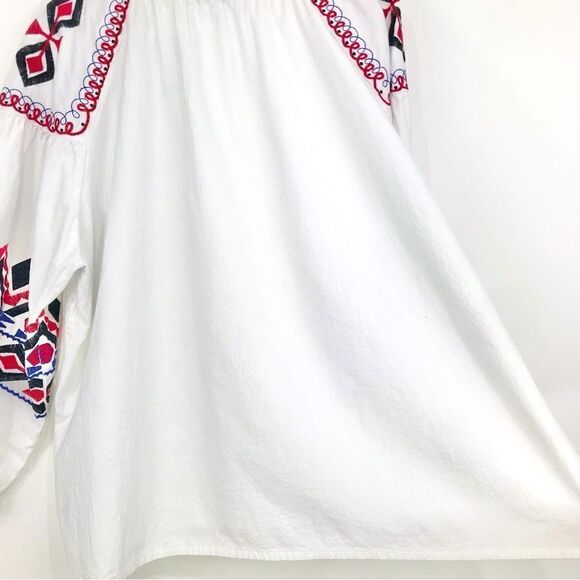 Cato White Cotton Black Red Blue Ethnic Embroidered Button Up Peasant Blouse - Picture 10 of 15